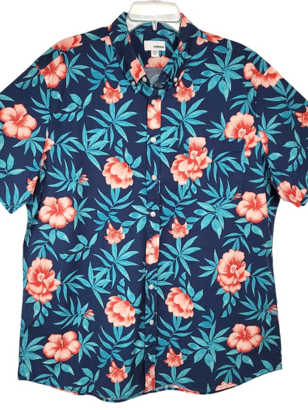 Sonoma Shirt Mens XXL Floral Blue Pink Hawaiian Tropical Summer Button Up Casual